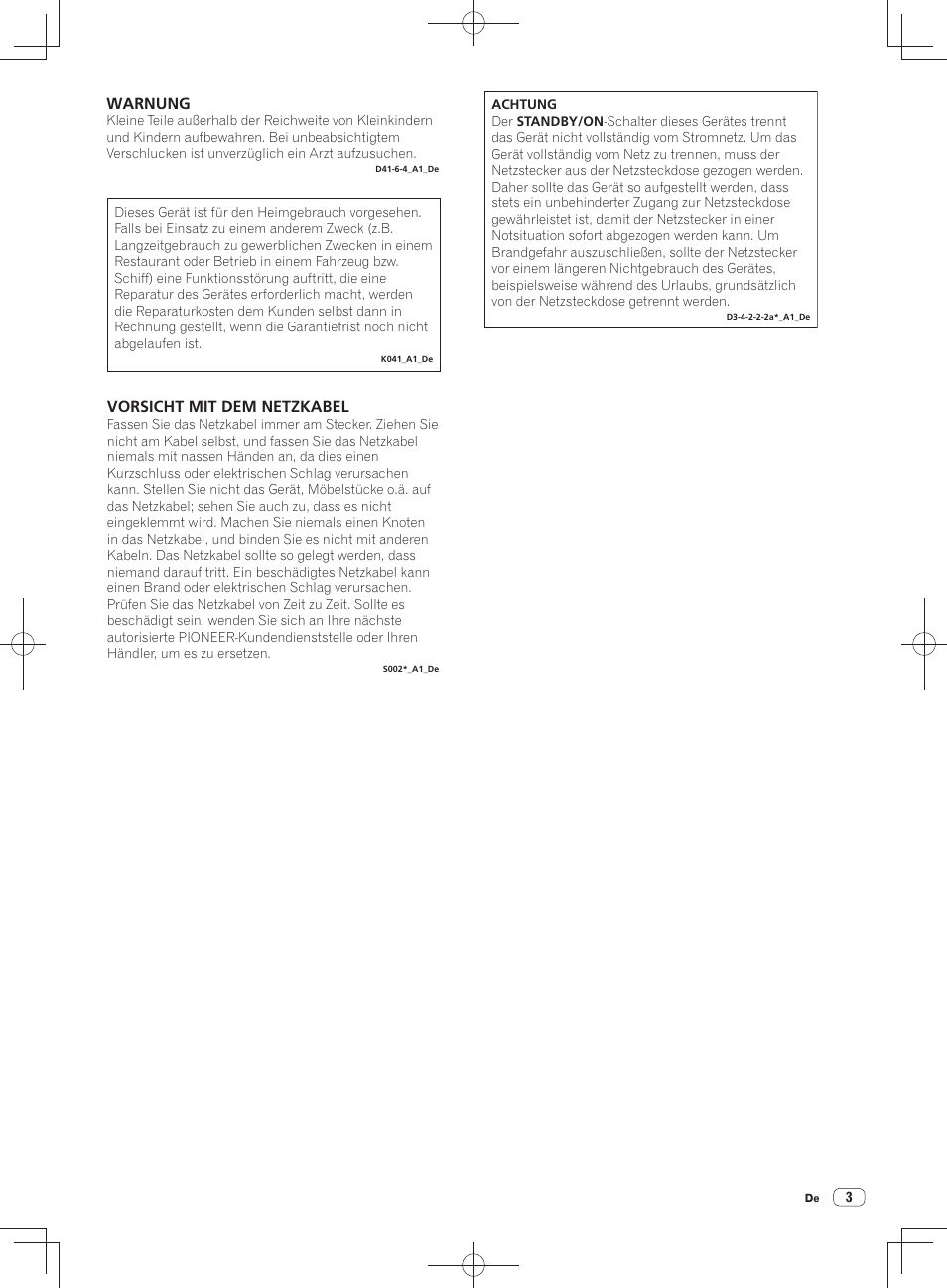 Vorsicht mit dem netzkabel, Warnung | Pioneer DDJ-SX User Manual | Page 39 / 148