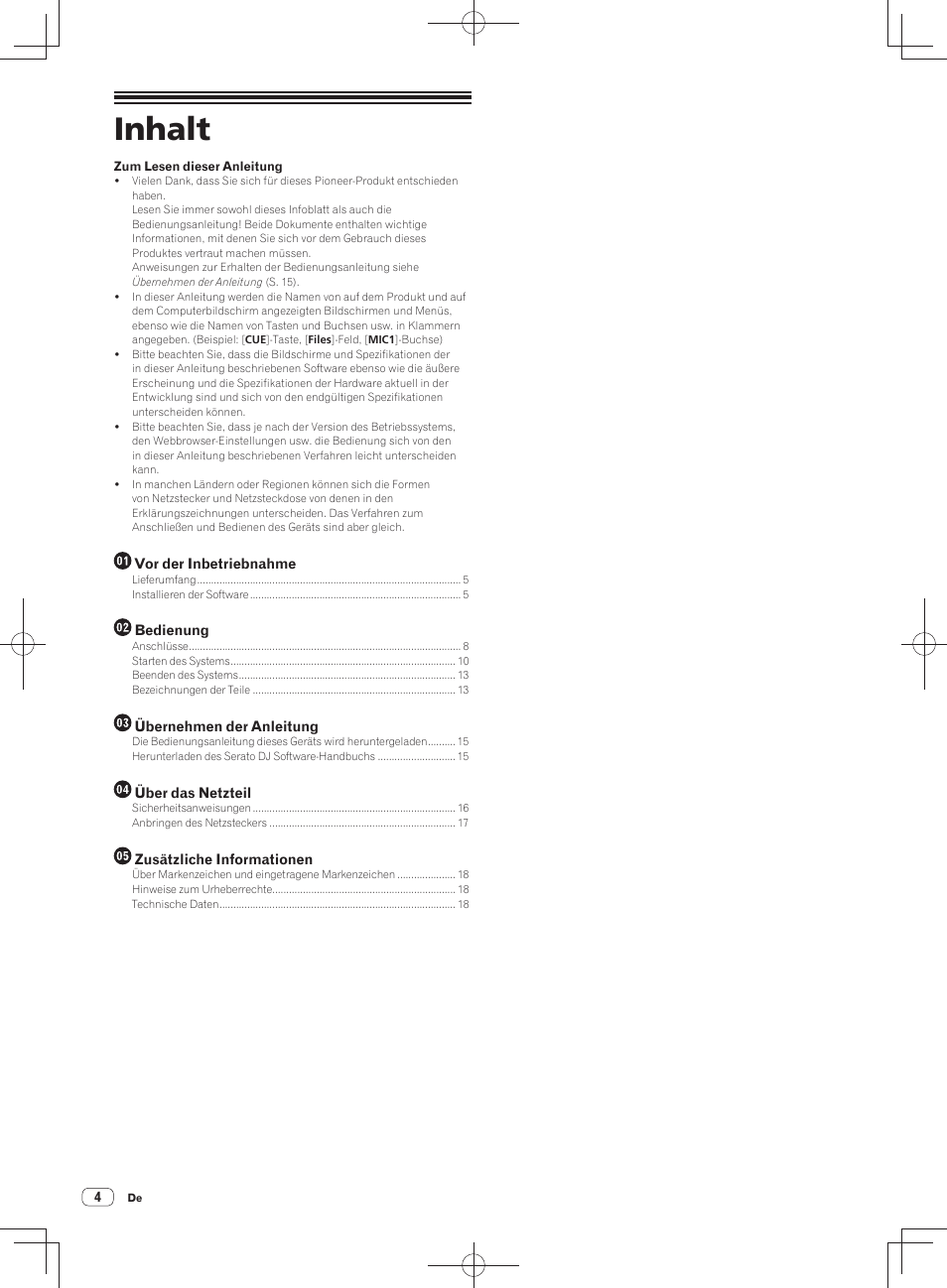 Dj controller, Vor gebrauch lesen (wichtig)/kurzanleitung, Inhalt | Pioneer DDJ-SX User Manual | Page 40 / 148