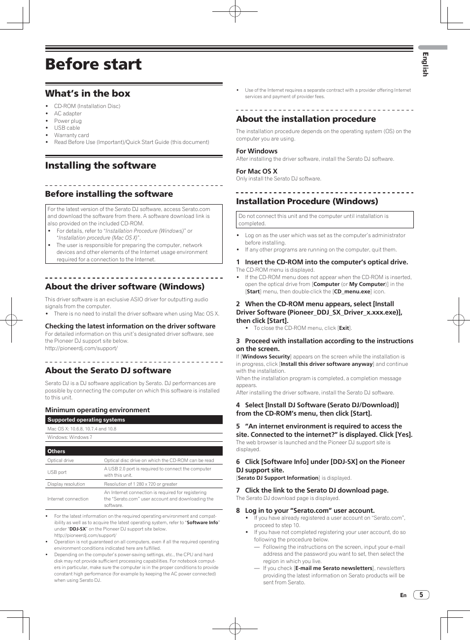 Before start, What’s in the box installing the software, What’s in the box | Installing the software, Before installing the software, About the driver software (windows), About the serato dj software, About the installation procedure, Installation procedure (windows) | Pioneer DDJ-SX User Manual | Page 5 / 148