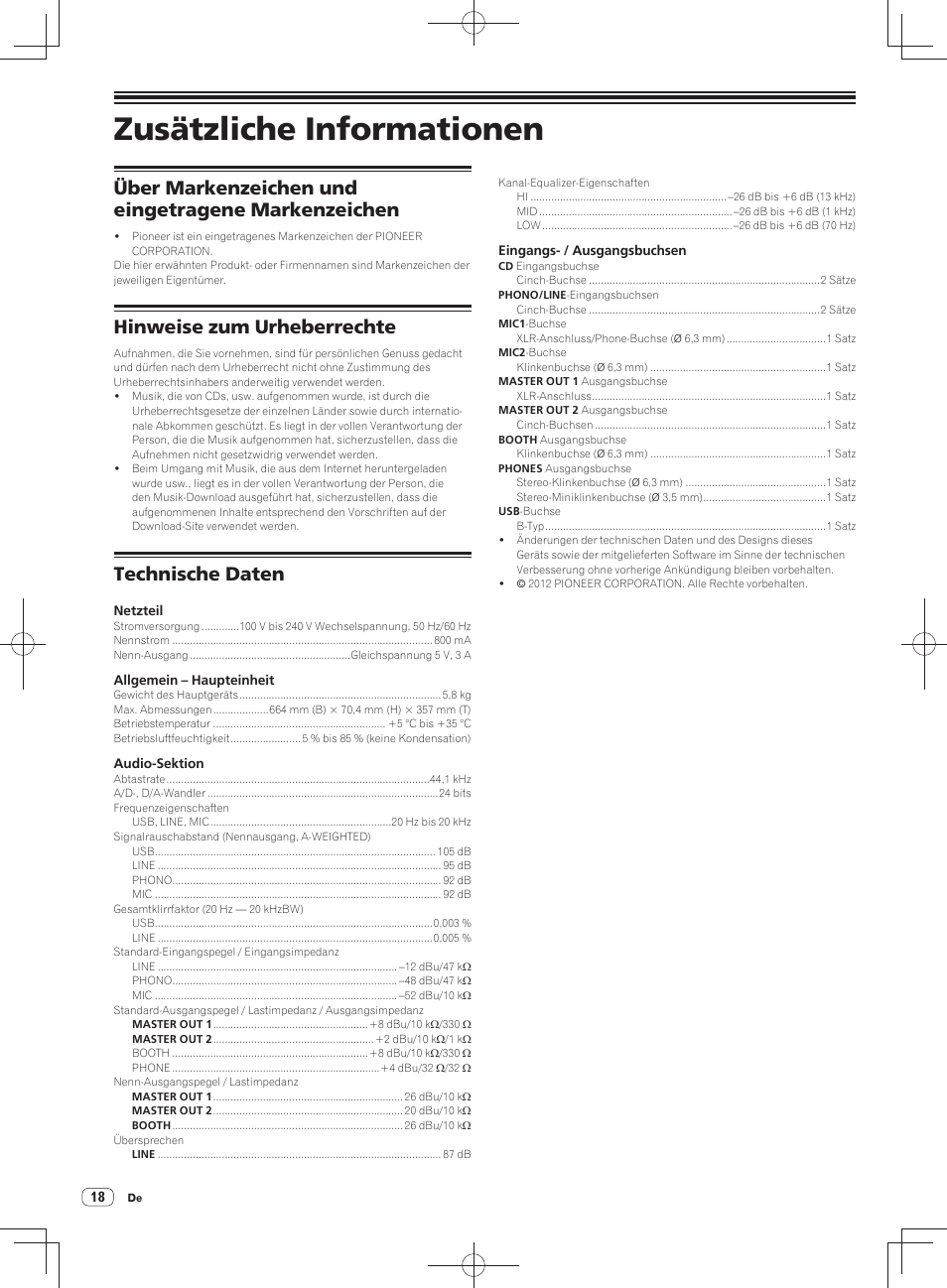 Zusätzliche informationen, Über markenzeichen und eingetragene markenzeichen, Hinweise zum urheberrechte | Technische daten | Pioneer DDJ-SX User Manual | Page 54 / 148