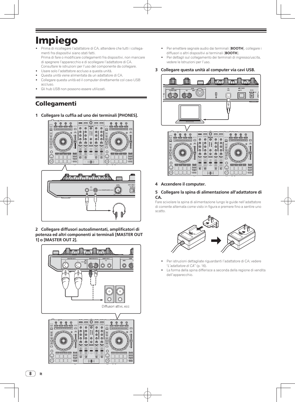 Impiego, Collegamenti | Pioneer DDJ-SX User Manual | Page 62 / 148