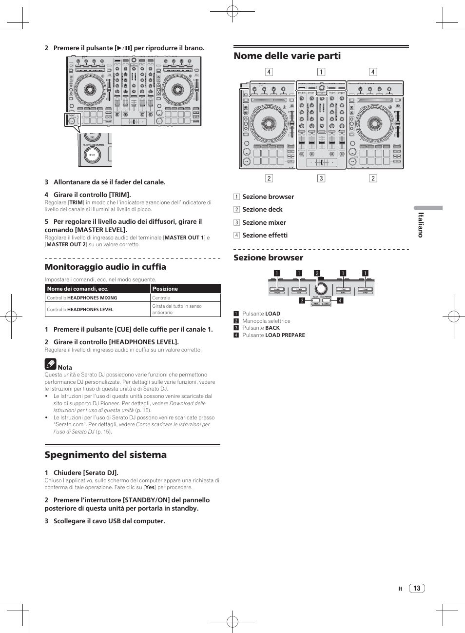 Spegnimento del sistema nome delle varie parti, Spegnimento del sistema, Nome delle varie parti | Monitoraggio audio in cuffia, Sezione browser | Pioneer DDJ-SX User Manual | Page 67 / 148