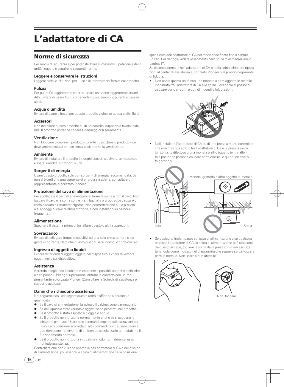 L’adattatore di ca, Norme di sicurezza | Pioneer DDJ-SX User Manual | Page 70 / 148