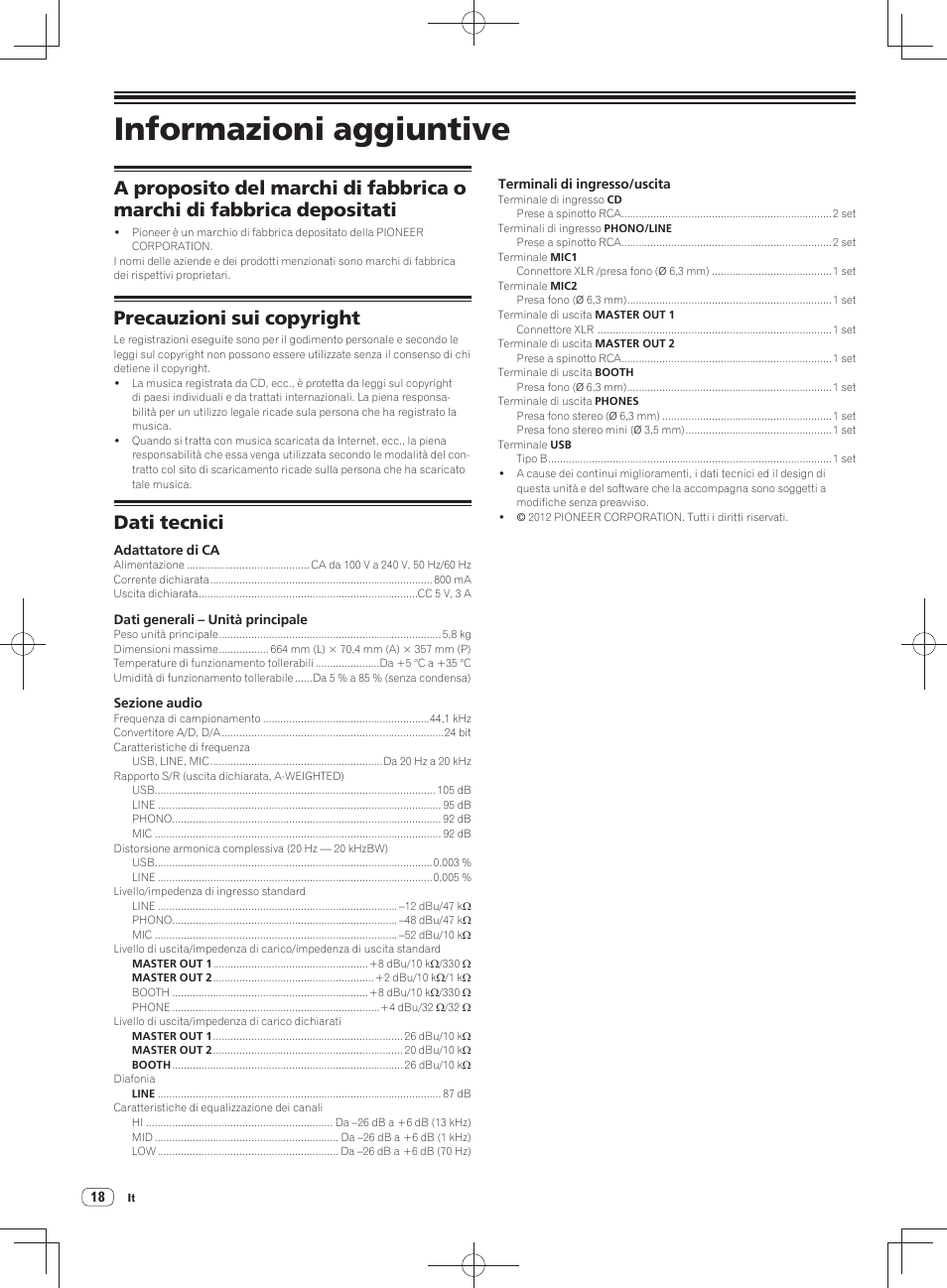 Informazioni aggiuntive, Precauzioni sui copyright, Dati tecnici | Pioneer DDJ-SX User Manual | Page 72 / 148
