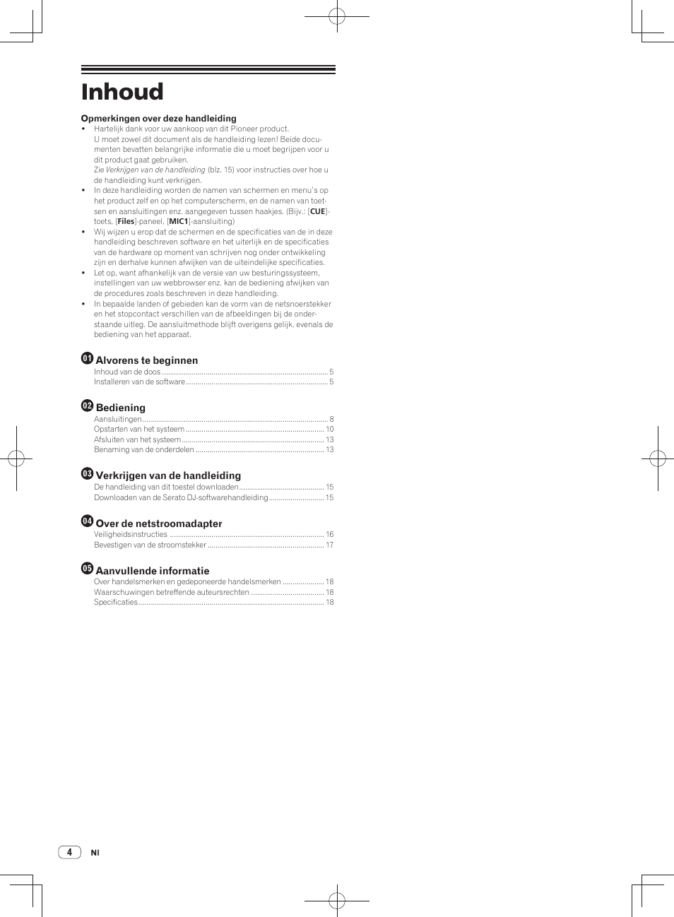 Dj controller, Lees dit voor gebruik (belangrijk)/snelstartgids, Inhoud | Pioneer DDJ-SX User Manual | Page 76 / 148