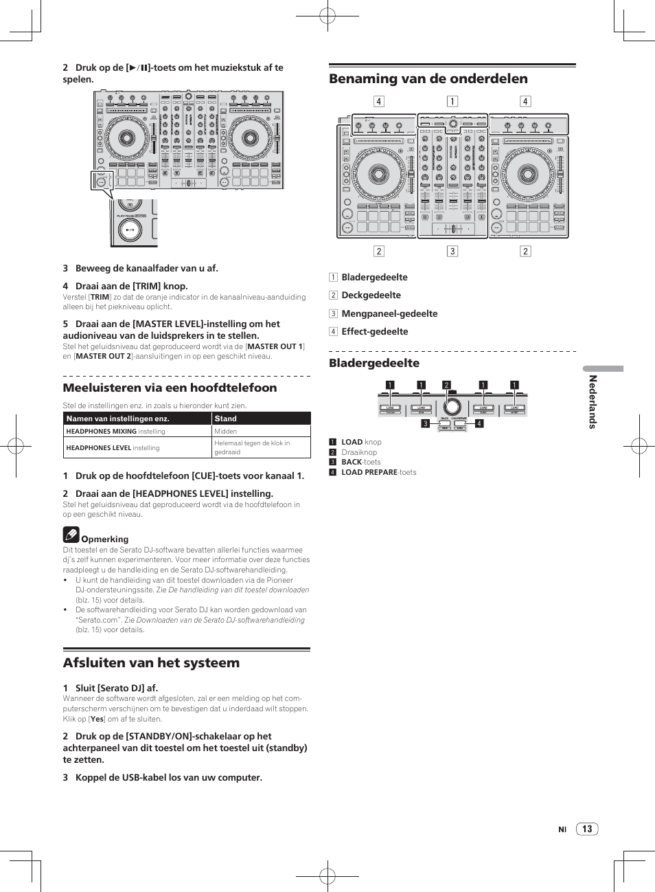 Afsluiten van het systeem, Benaming van de onderdelen, Meeluisteren via een hoofdtelefoon | Bladergedeelte | Pioneer DDJ-SX User Manual | Page 85 / 148