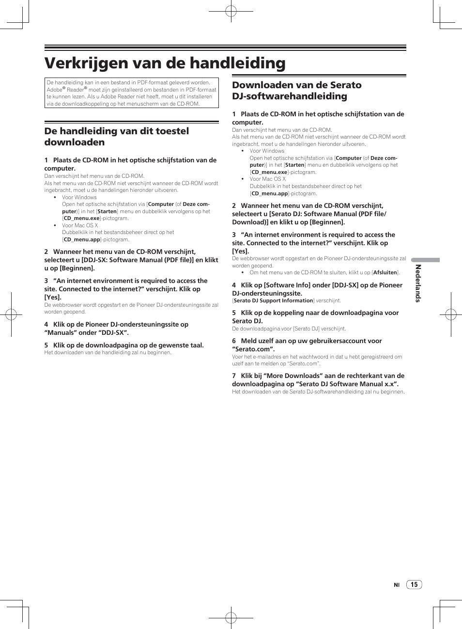 Verkrijgen van de handleiding, De handleiding van dit toestel downloaden, Downloaden van de serato dj-softwarehandleiding | Pioneer DDJ-SX User Manual | Page 87 / 148