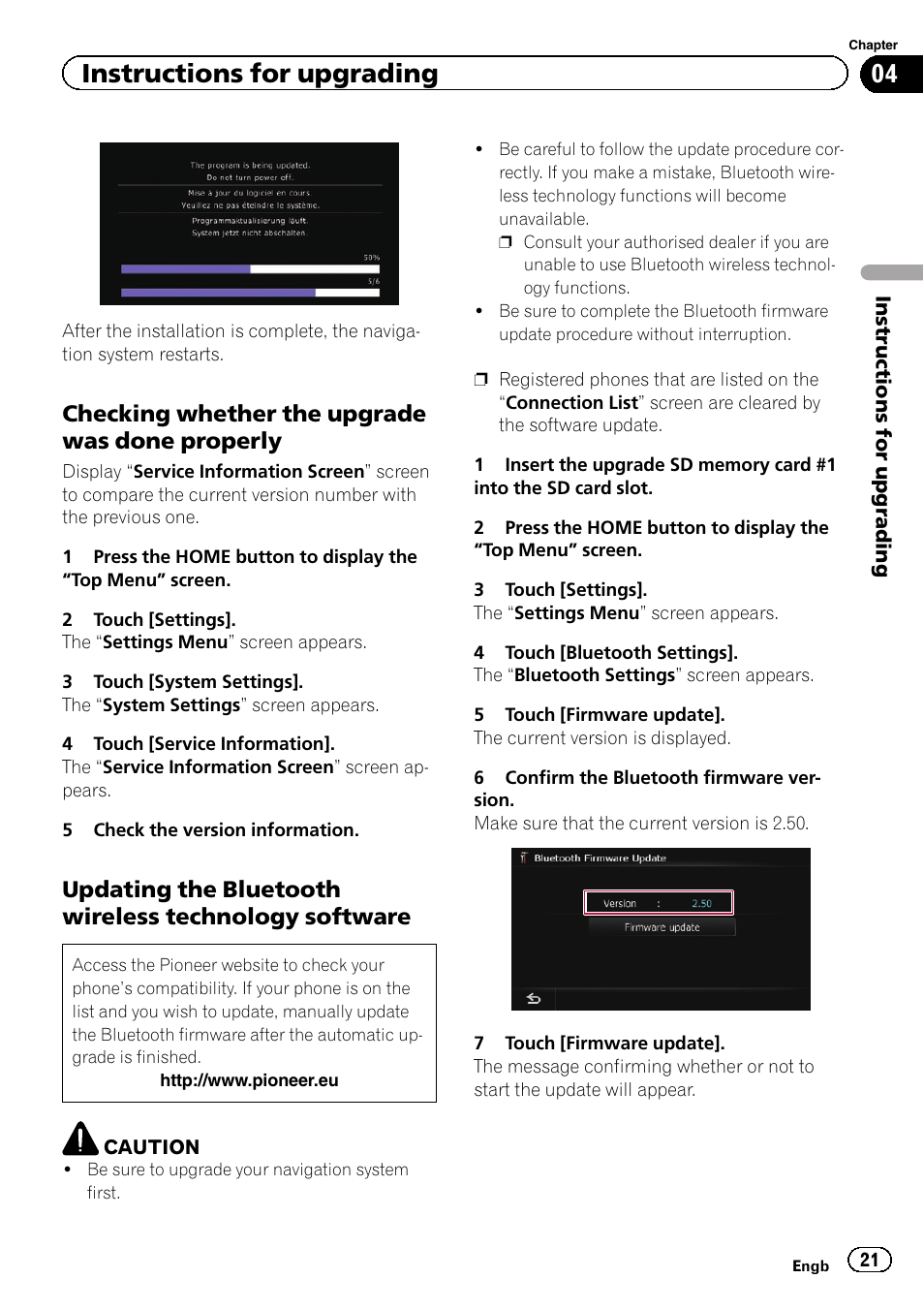 Checking whether the upgrade was, Done properly, Updating the bluetooth wireless | Technology software, Instructions for upgrading, Checking whether the upgrade was done properly | Pioneer CNSD-110FM User Manual | Page 21 / 32