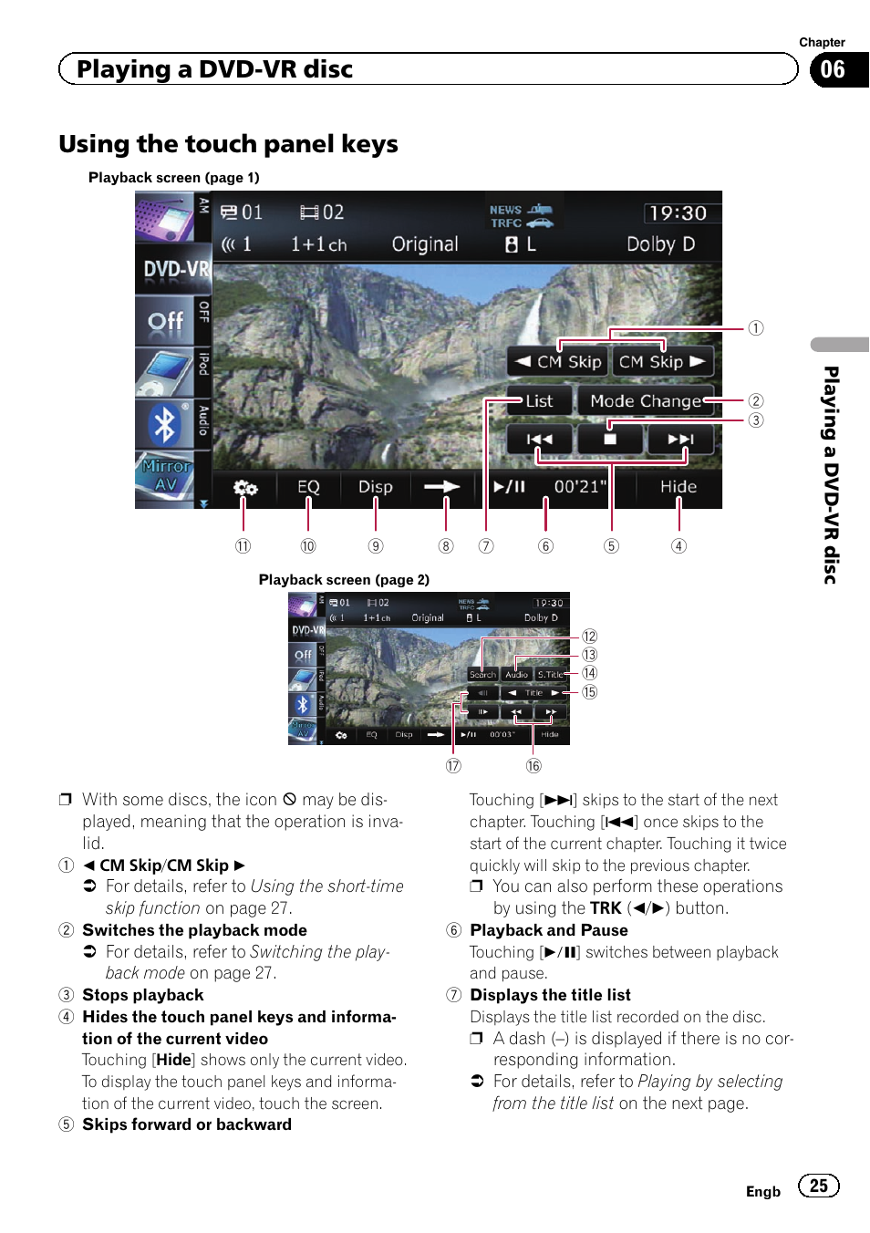 Using the touch panel keys, Using the touch panel, Playing a dvd-vr disc | Pioneer CNSD-110FM User Manual | Page 25 / 32