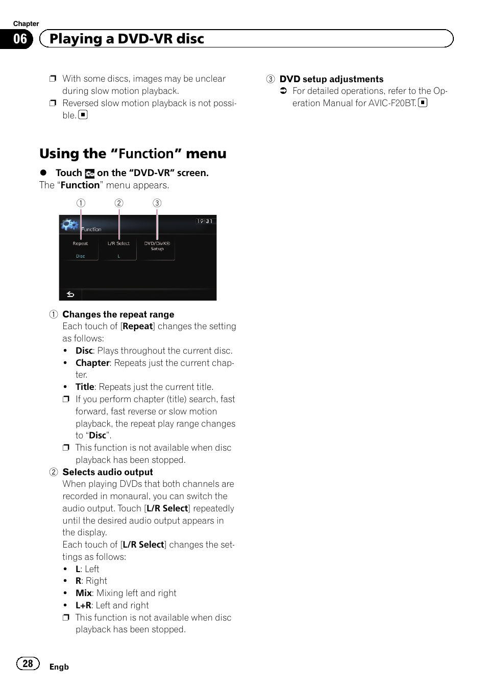 Using the, Function” menu 28, Selects audio out | Using the “function” menu, 06 playing a dvd-vr disc | Pioneer CNSD-110FM User Manual | Page 28 / 32