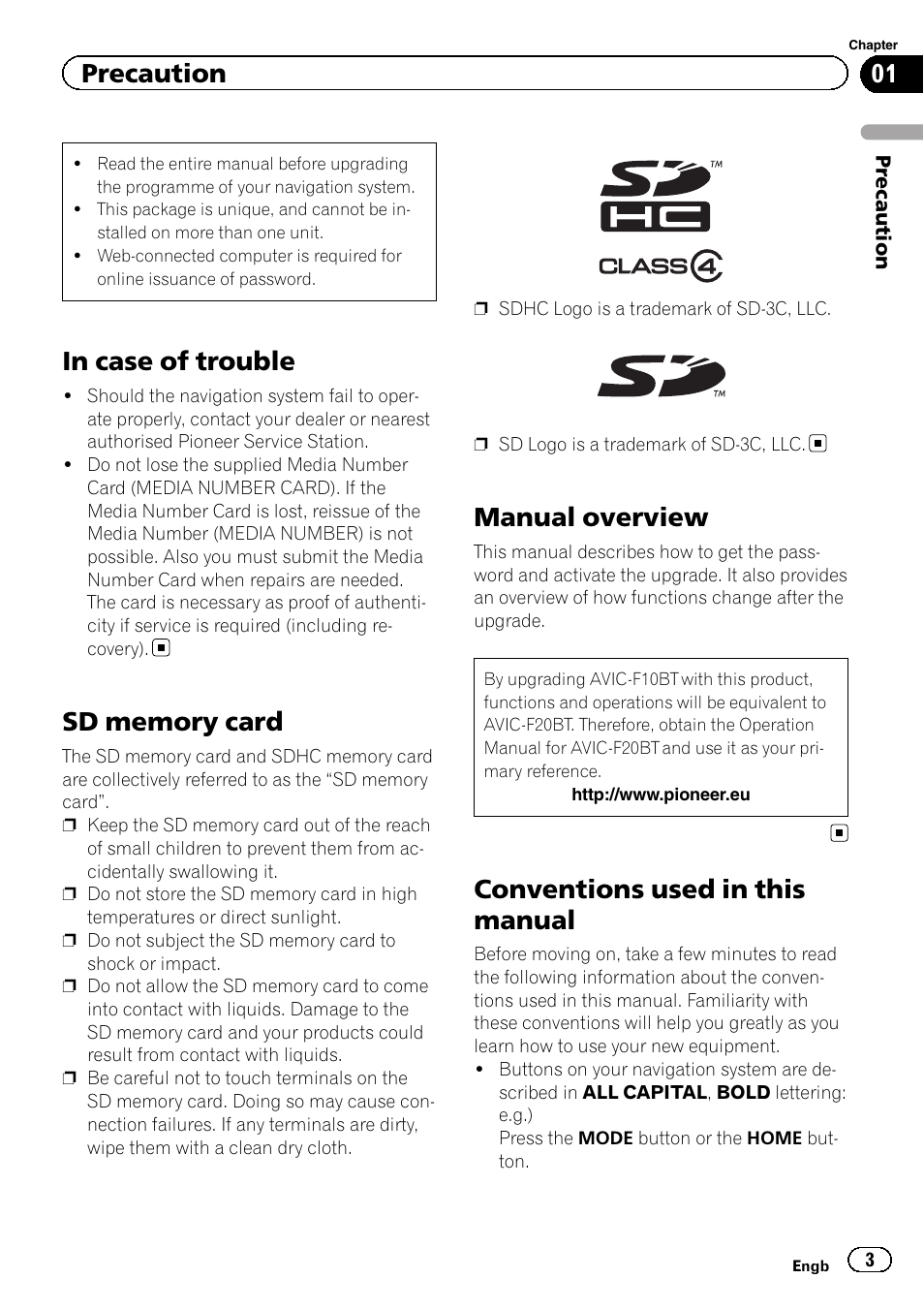 Precaution in case of trouble, Sd memory card, Manual overview | Conventions used in this manual, Precaution | Pioneer CNSD-110FM User Manual | Page 3 / 32