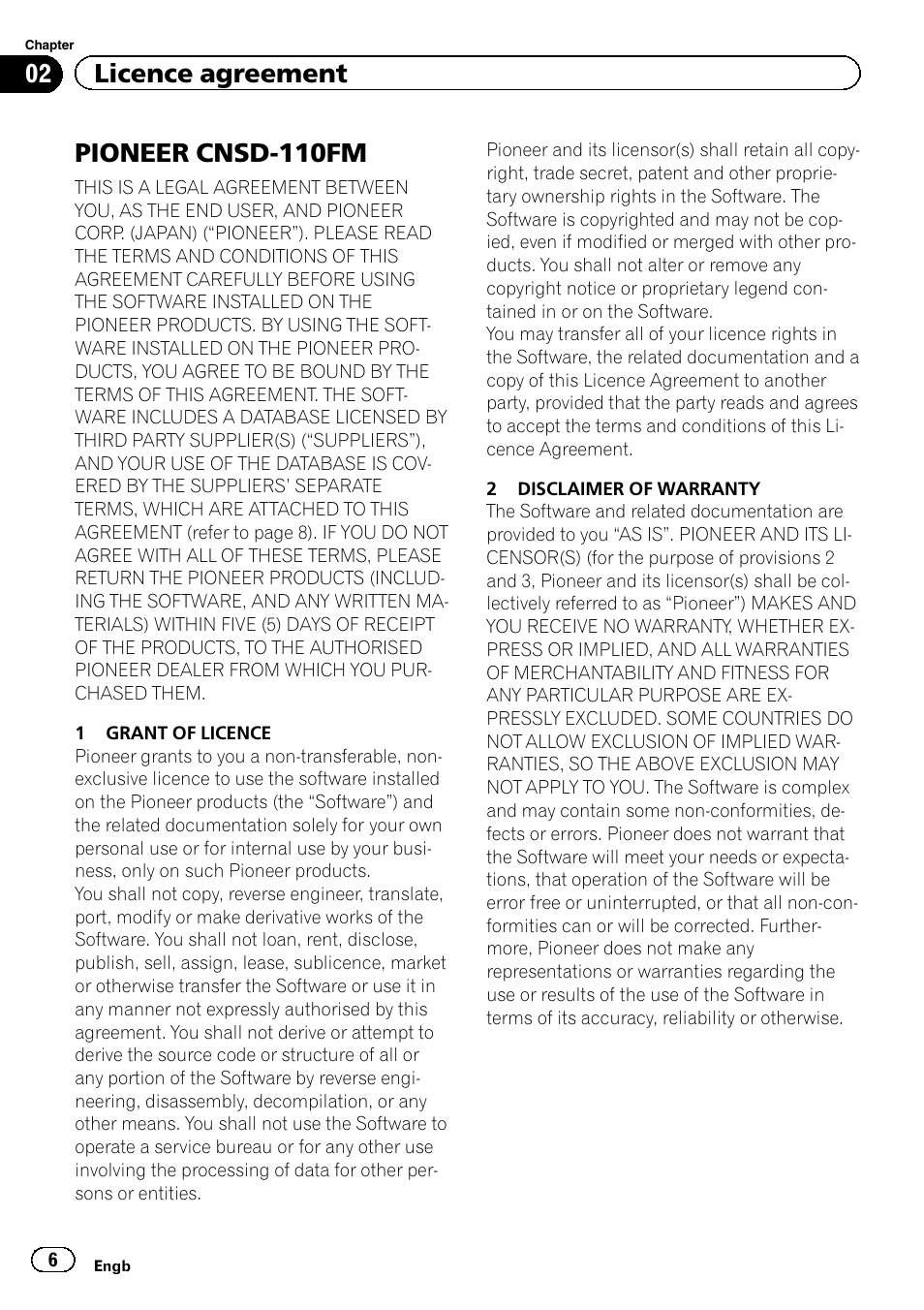 Licence agreement pioneer cnsd-110fm, Pioneer cnsd-110fm, 02 licence agreement | Pioneer CNSD-110FM User Manual | Page 6 / 32