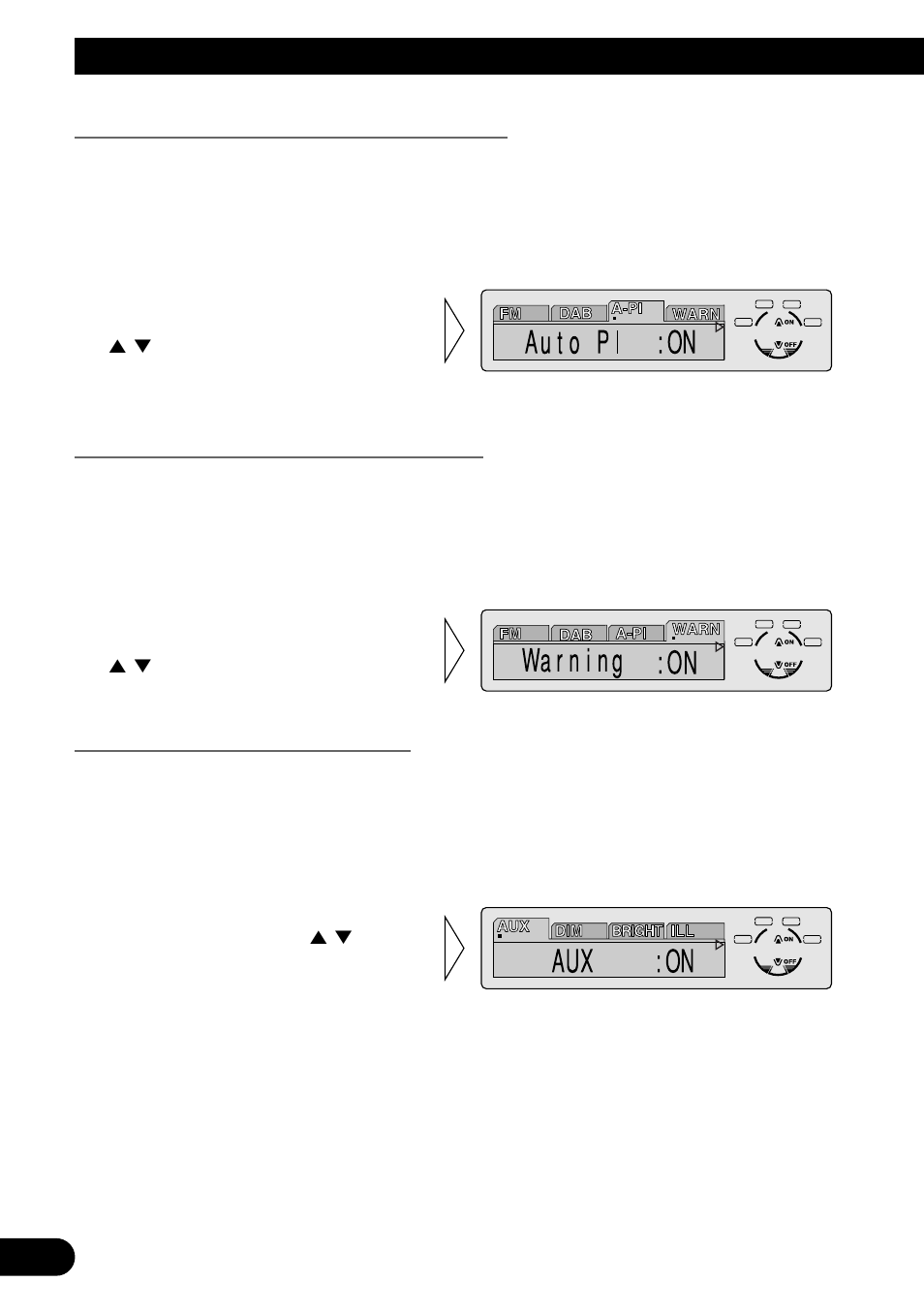 Cambio de la búsqueda pi automática (a-pi), Ajuste del sonido de advertencia (warn), Conmutación del modo aux (aux) | A title (english) ajustes iniciales | Pioneer MEH-P7300R User Manual | Page 122 / 140