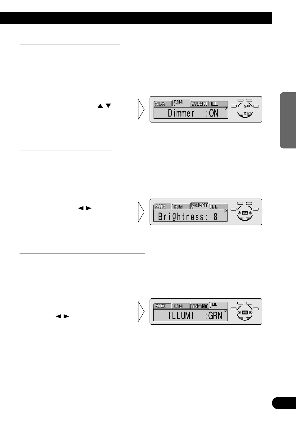 Ajuste del reductor de luz (dim), Selección del brillo (bright), Selección del color de iluminación (ill) | Pioneer MEH-P7300R User Manual | Page 123 / 140