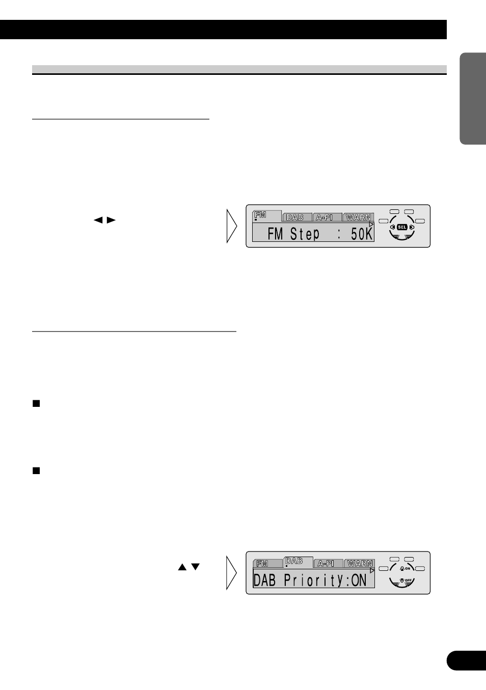 Initial setting menu functions, Changing the fm tuning step (fm), Setting the dab priority function (dab) | A title (english) | Pioneer MEH-P7300R User Manual | Page 53 / 140