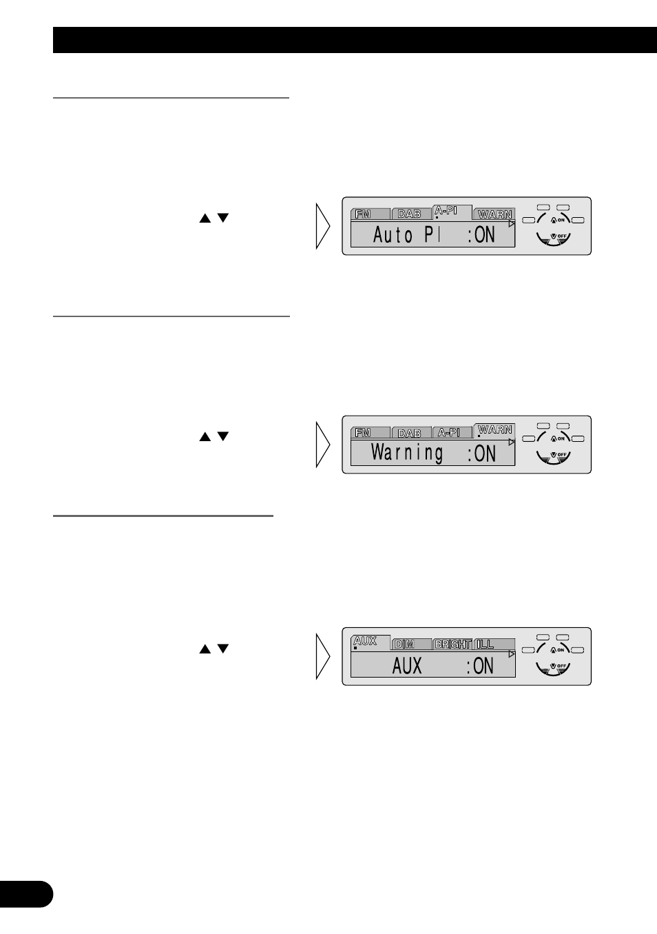 Switching the auto pi seek (a-pi), Setting the warning tone (warn), Switching the aux mode (aux) | A title (english) initial setting | Pioneer MEH-P7300R User Manual | Page 54 / 140