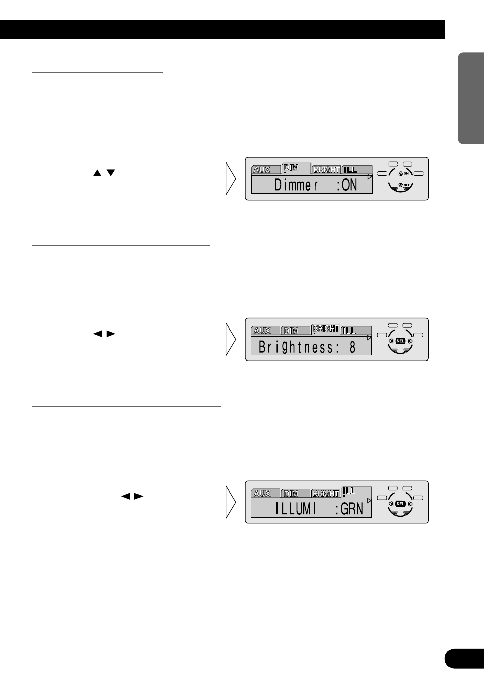 Setting the dimmer (dim), Selecting the brightness (bright), Selecting the illumination color (ill) | Pioneer MEH-P7300R User Manual | Page 55 / 140