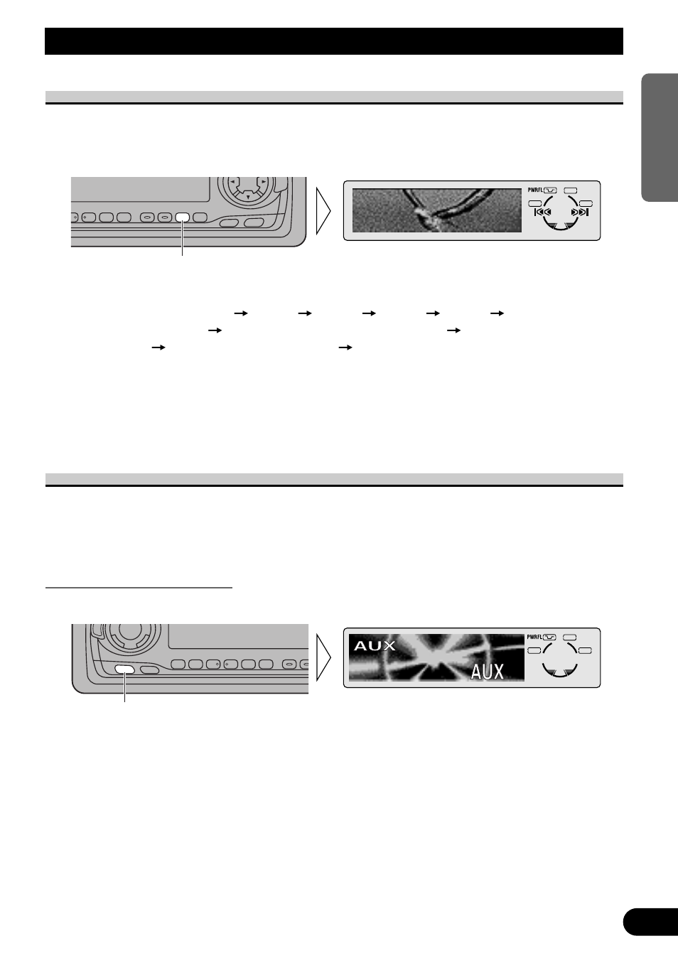 Other functions, Selecting the aux source, Switching the entertainment display | Using the aux source, Select the desired entertainment display, Select aux. (refer to page 10.) | Pioneer MEH-P7300R User Manual | Page 59 / 140