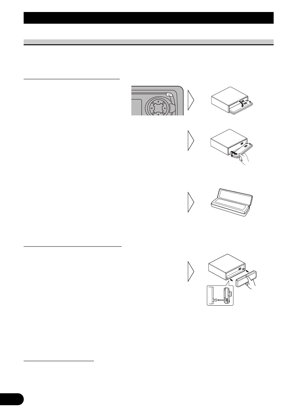 Extracción y colocación del panel, Delantero, Protección contra robo | Extracción del panel delantero, Colocación del panel delantero, Sonido de advertencia, Extracción y colocación del panel delantero | Pioneer MEH-P7300R User Manual | Page 78 / 140