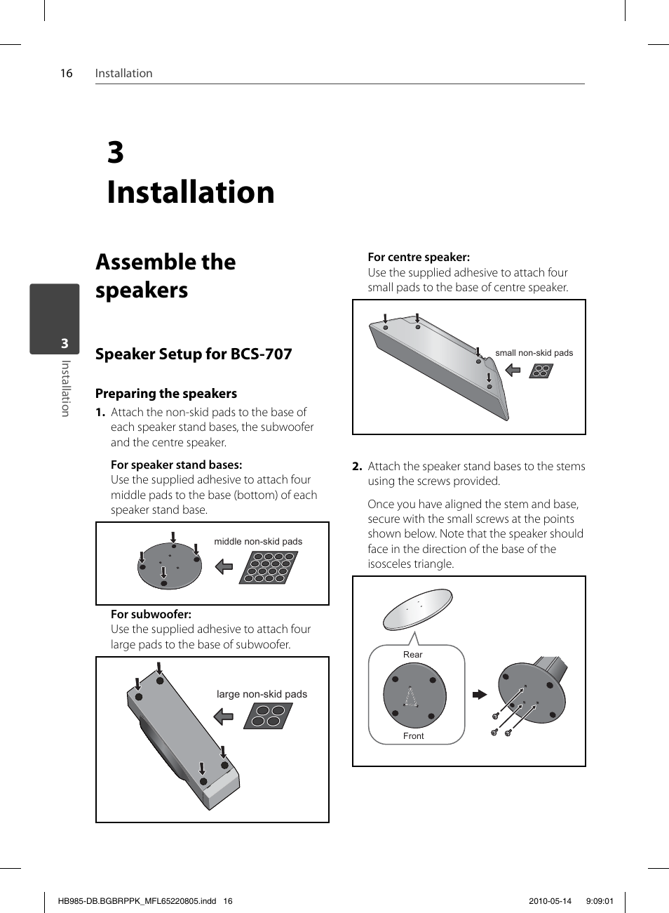 3 installation, Assemble the speakers, Speaker setup for bcs-707 | Pioneer BCS-303 User Manual | Page 16 / 80