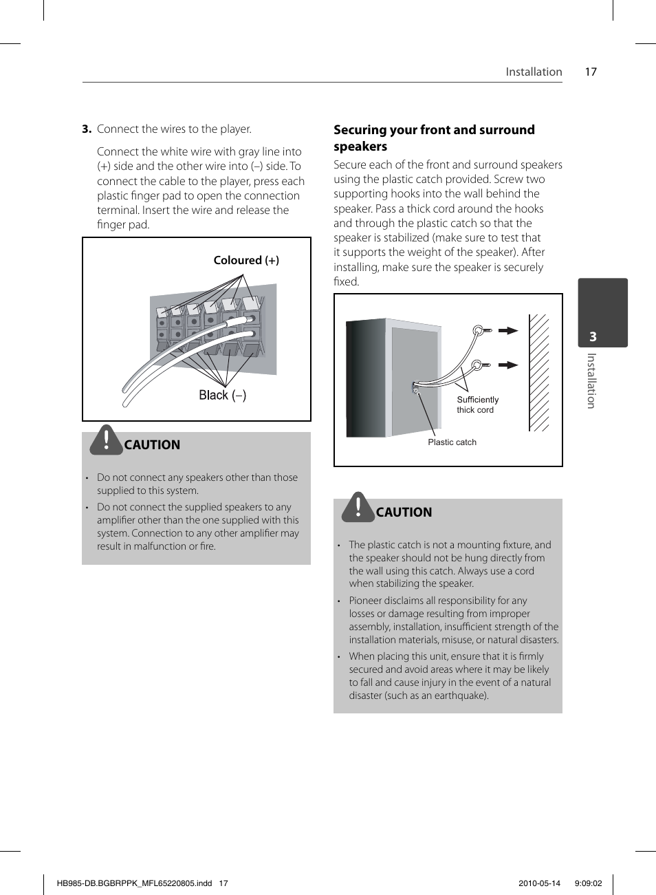 Caution, Securing your front and surround speakers | Pioneer BCS-303 User Manual | Page 17 / 80