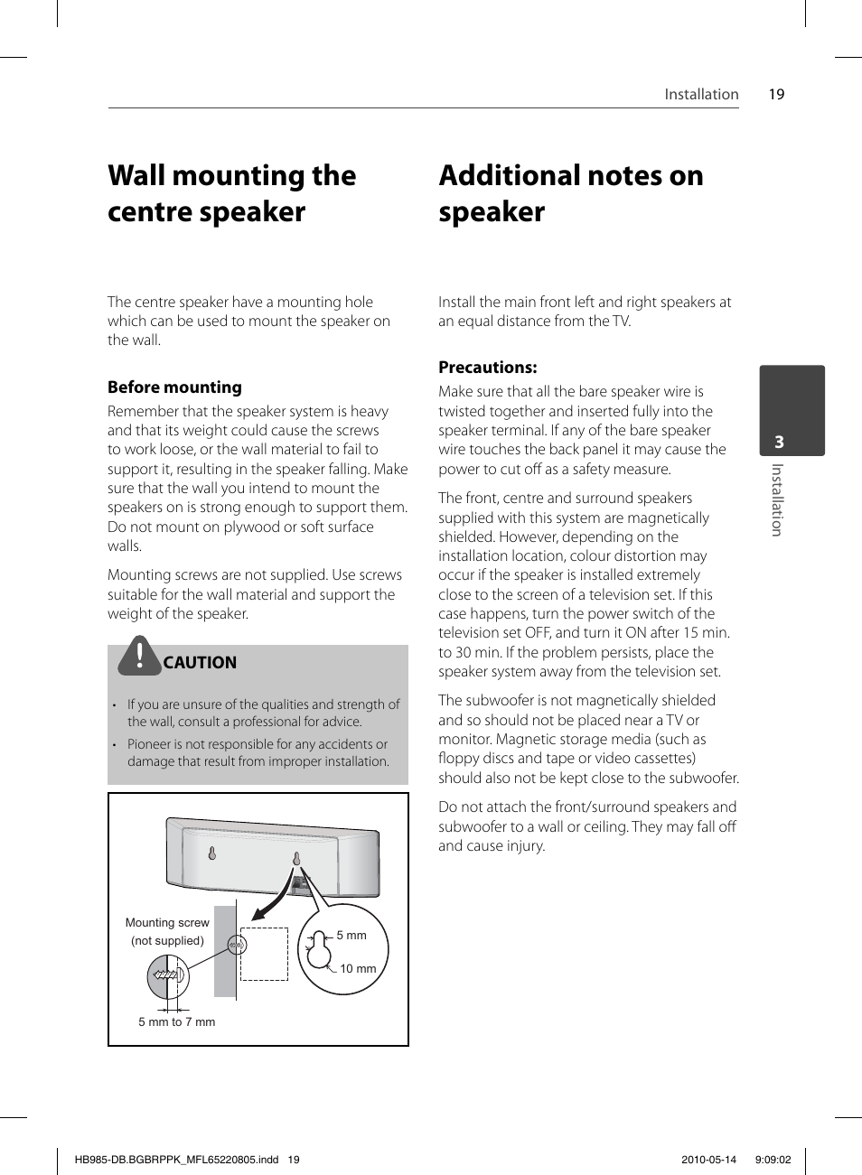 Wall mounting the centre speaker | Pioneer BCS-303 User Manual | Page 19 / 80
