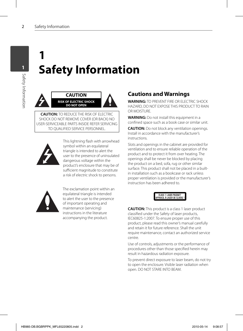 1 safety information, Cautions and warnings | Pioneer BCS-303 User Manual | Page 2 / 80