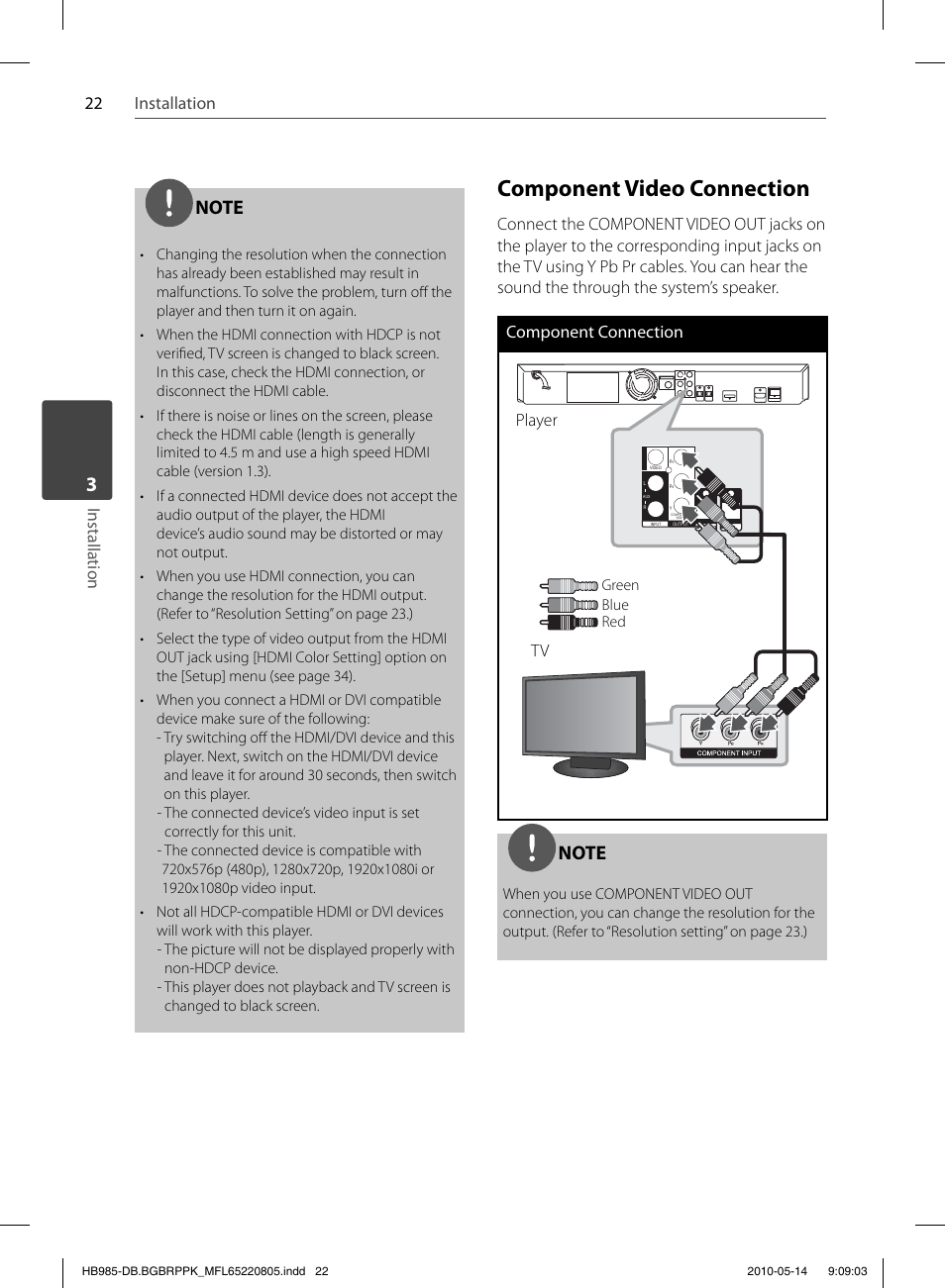 Component video connection, 22 installation installation, Player | Pioneer BCS-303 User Manual | Page 22 / 80