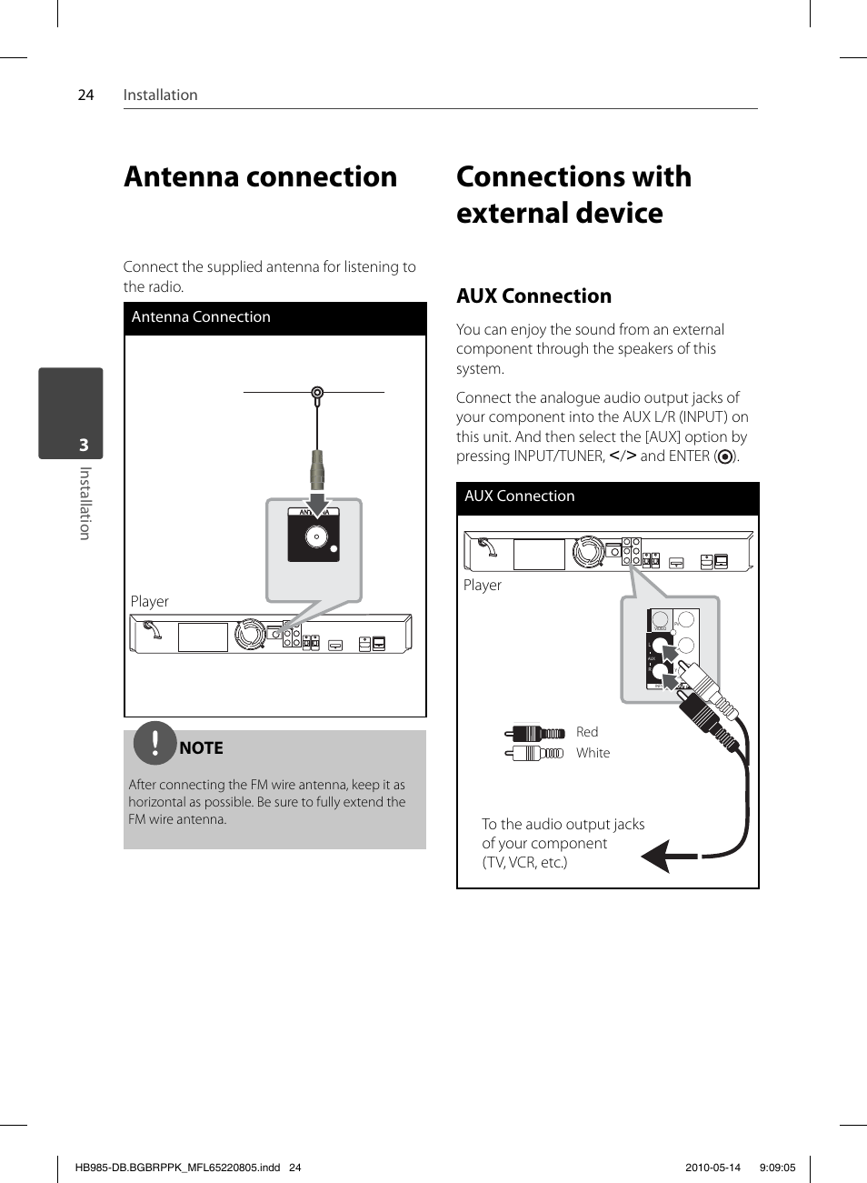 Antenna connection, Connections with external device, Aux connection | 24 installation installation, Player | Pioneer BCS-303 User Manual | Page 24 / 80