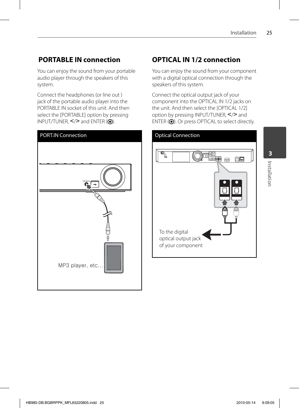 Portable in connection, Optical in 1/2 connection | Pioneer BCS-303 User Manual | Page 25 / 80