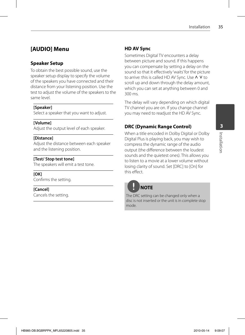 Audio] menu | Pioneer BCS-303 User Manual | Page 35 / 80