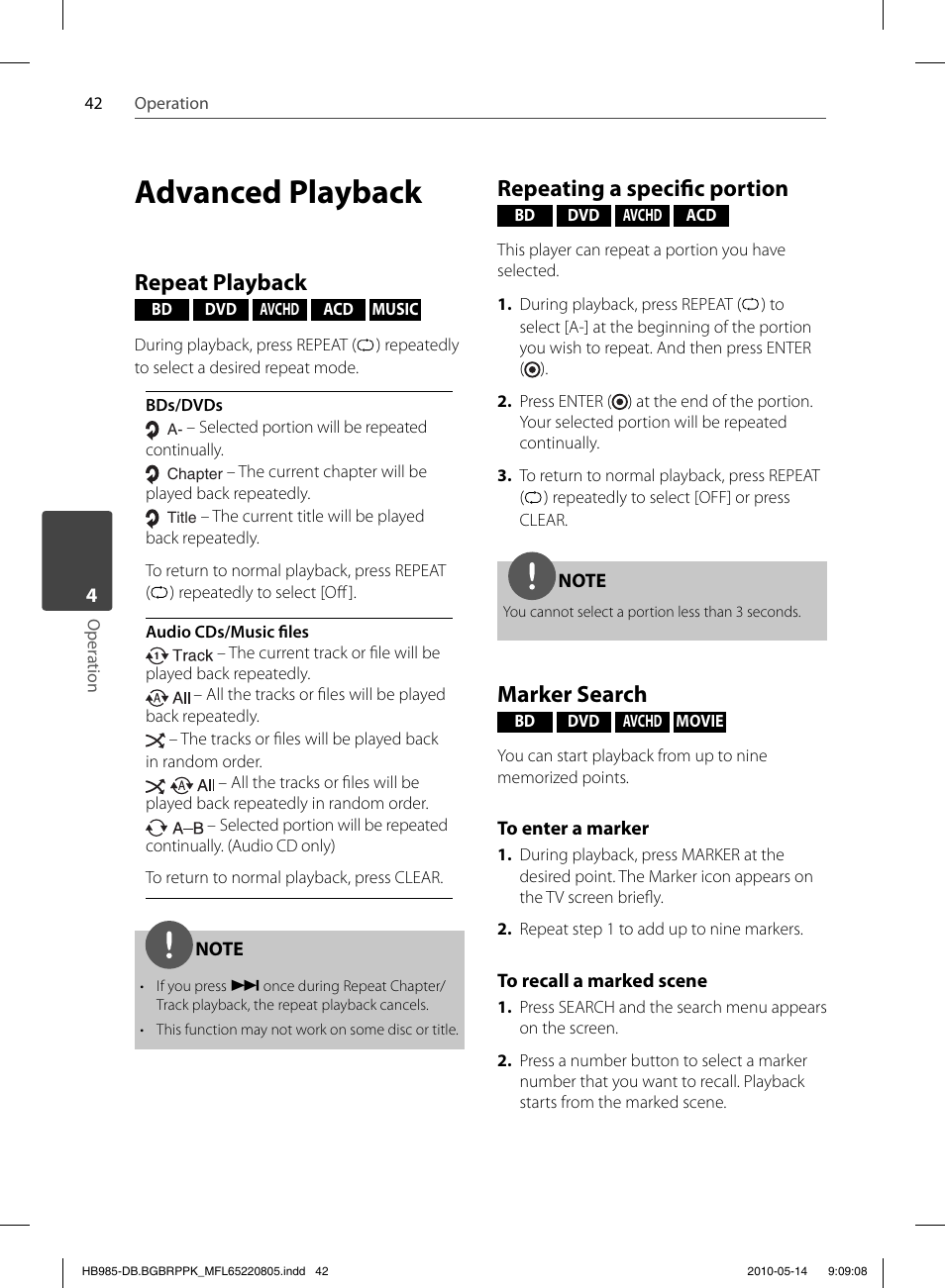 Advanced playback, Repeat playback, Repeating a specifi c portion | Marker search | Pioneer BCS-303 User Manual | Page 42 / 80