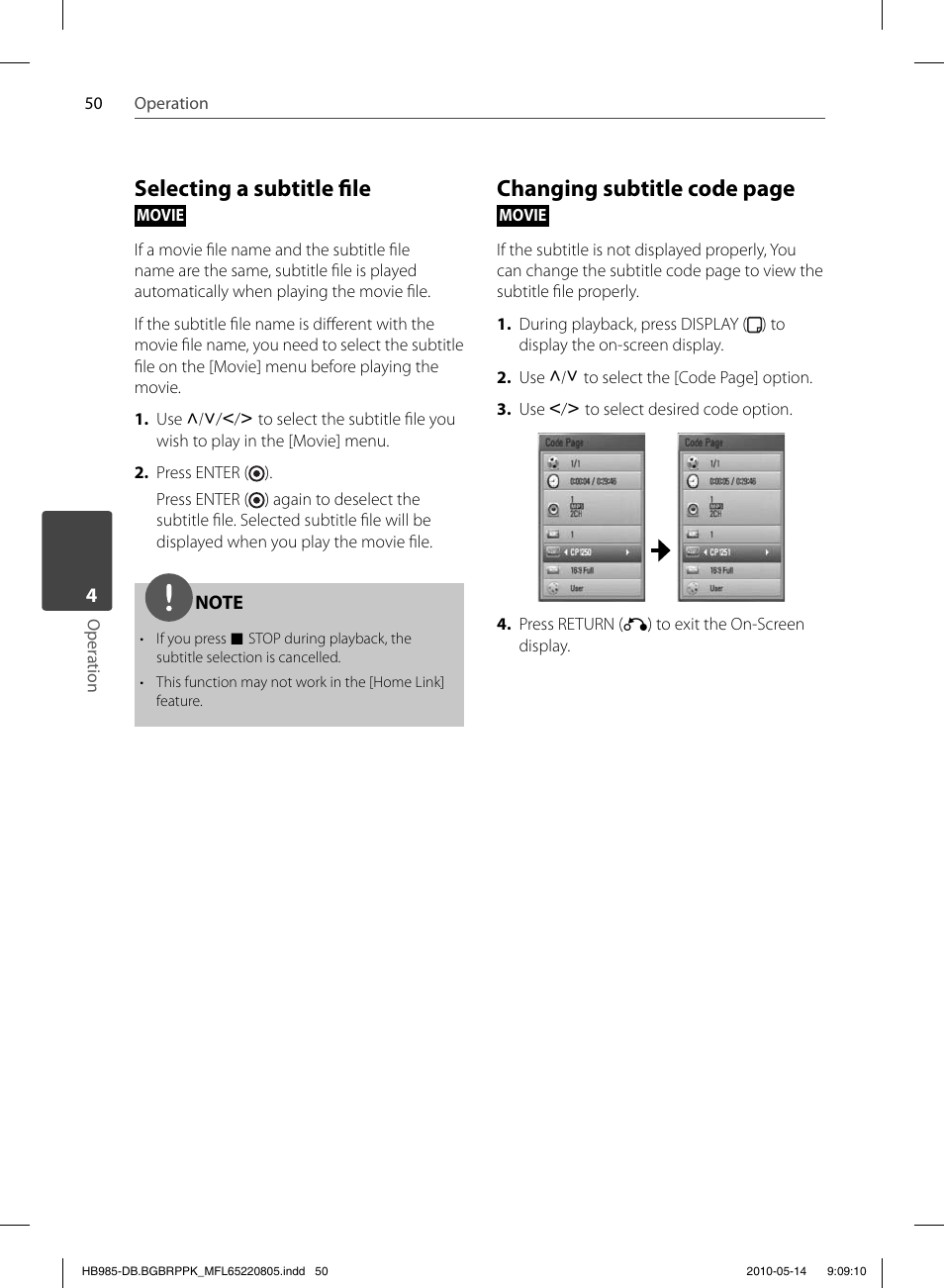 Selecting a subtitle fi le, Changing subtitle code page | Pioneer BCS-303 User Manual | Page 50 / 80