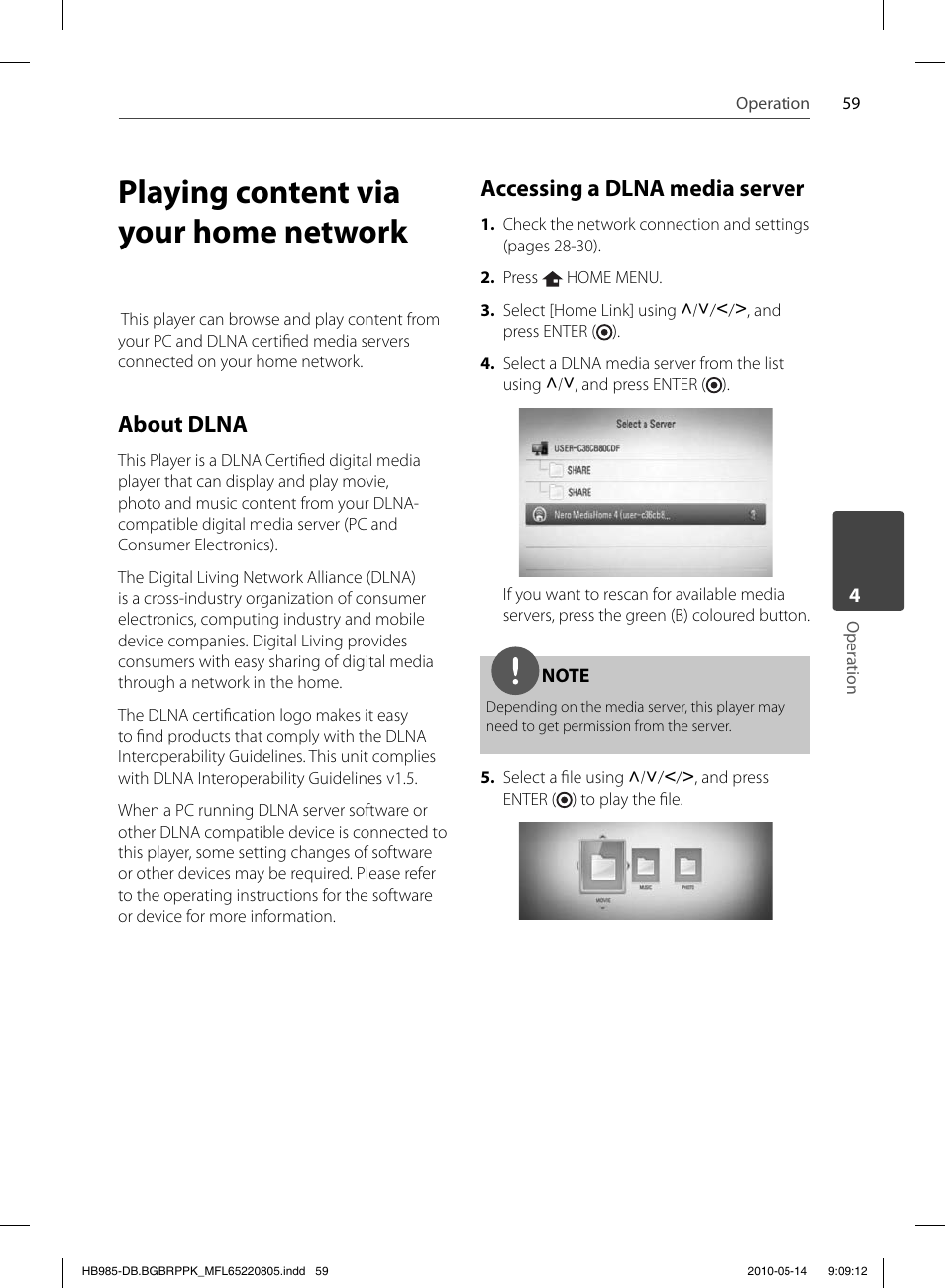 Playing content via your home network, About dlna, Accessing a dlna media server | Pioneer BCS-303 User Manual | Page 59 / 80