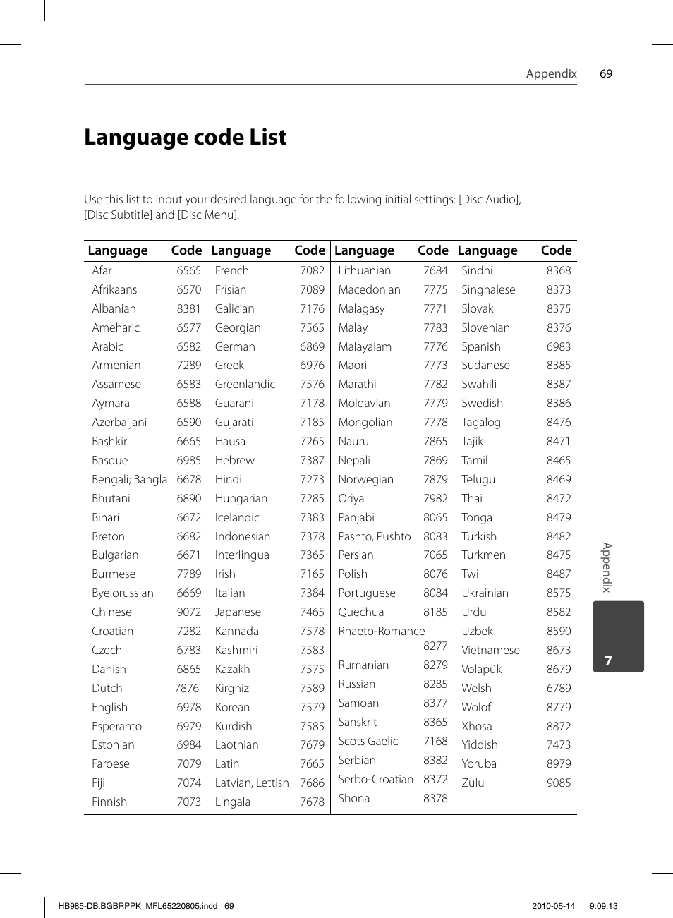 Language code list | Pioneer BCS-303 User Manual | Page 69 / 80