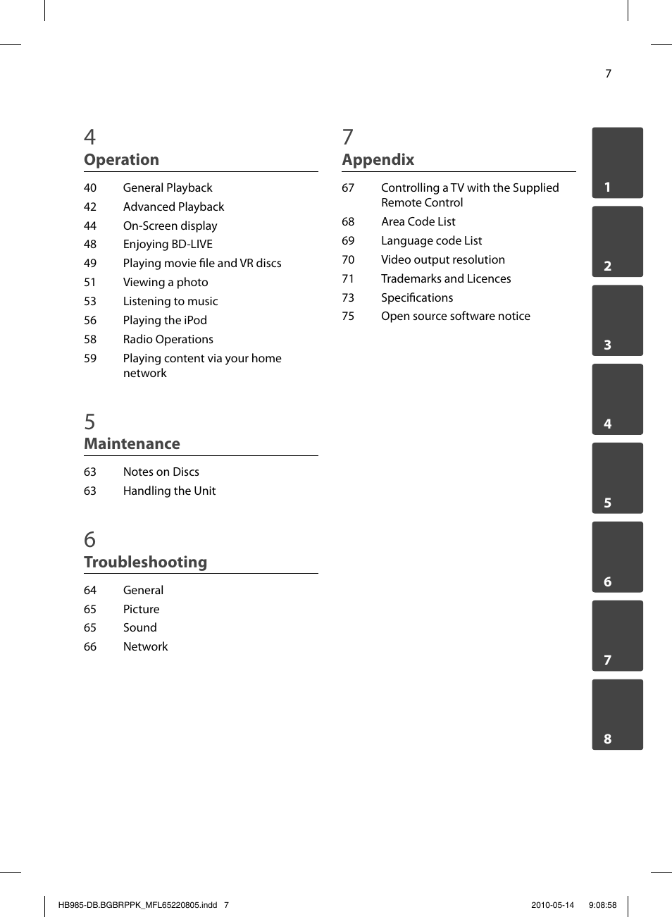 Operation, Maintenance, Troubleshooting | Appendix | Pioneer BCS-303 User Manual | Page 7 / 80