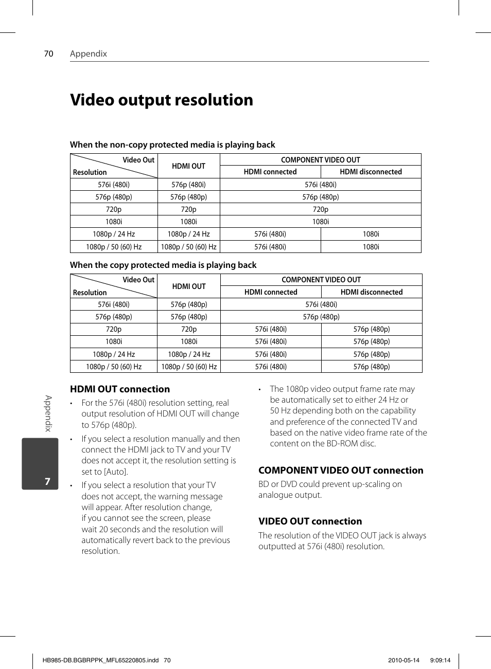 Video output resolution | Pioneer BCS-303 User Manual | Page 70 / 80