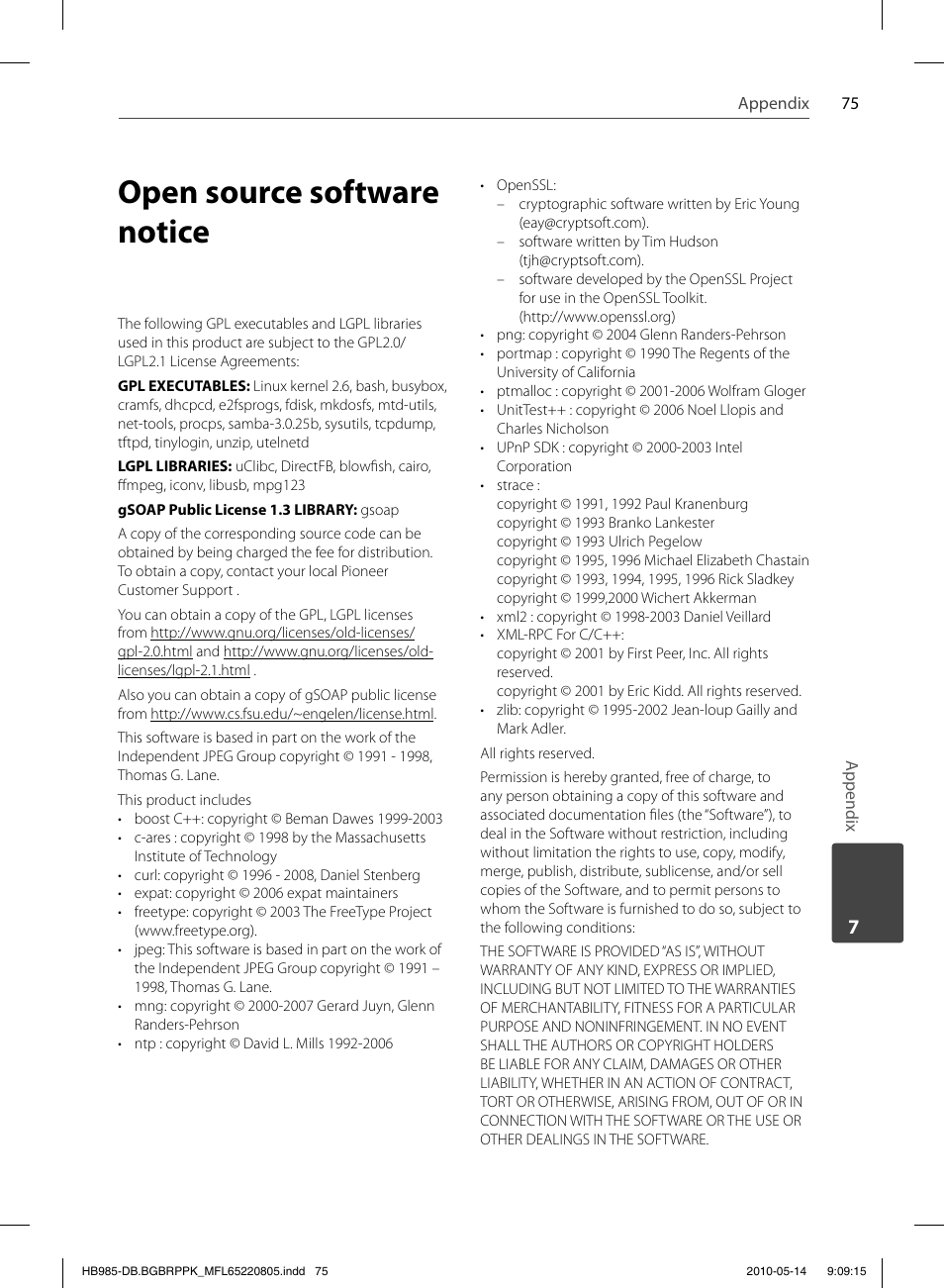Open source software notice | Pioneer BCS-303 User Manual | Page 75 / 80