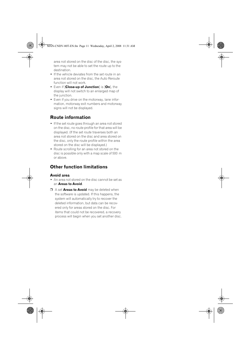 Route information, Other function limitations | Pioneer CNDV-80MT User Manual | Page 11 / 16