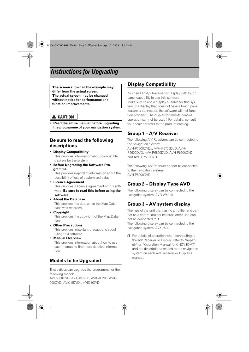 Instructions for upgrading, Be sure to read the following descriptions, Models to be upgraded | Display compatibility, Group 1 – a/v receiver, Group 2 – display type avd, Group 3 – av system display | Pioneer CNDV-80MT User Manual | Page 2 / 16