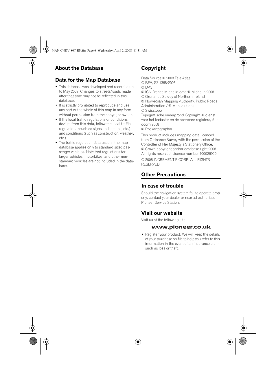 About the database data for the map database, Copyright, Other precautions in case of trouble | Visit our website | Pioneer CNDV-80MT User Manual | Page 6 / 16