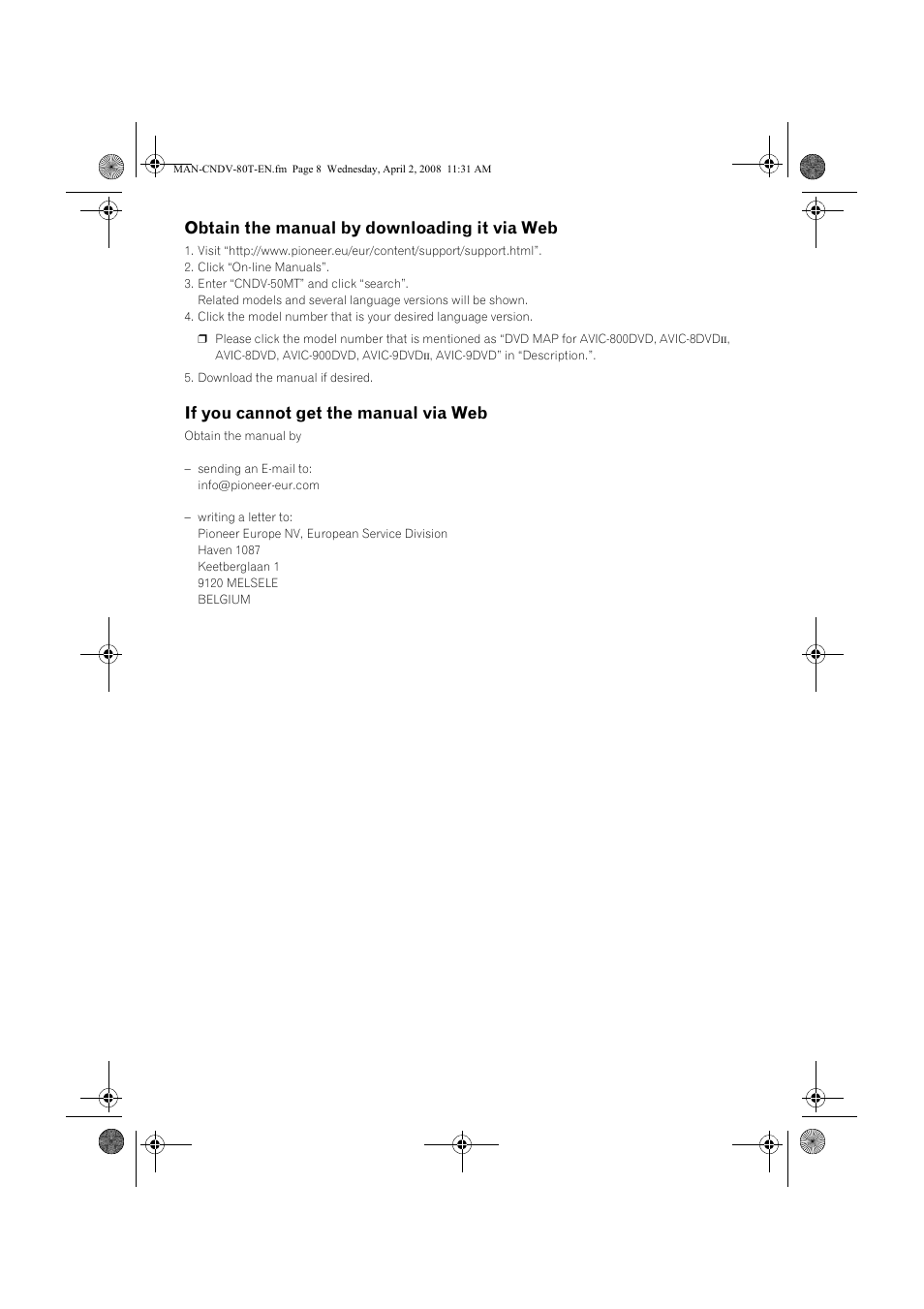 Obtain the manual by downloading it via web, If you cannot get the manual via web | Pioneer CNDV-80MT User Manual | Page 8 / 16