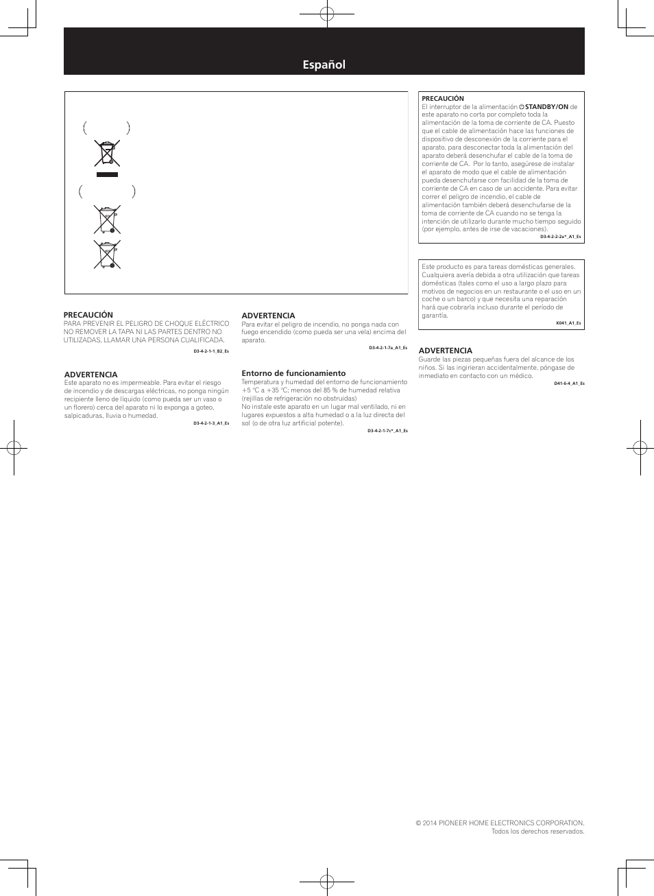 Folleto de seguridad, Receptor av, Español | Pioneer VSX-924-K User Manual | Page 7 / 8