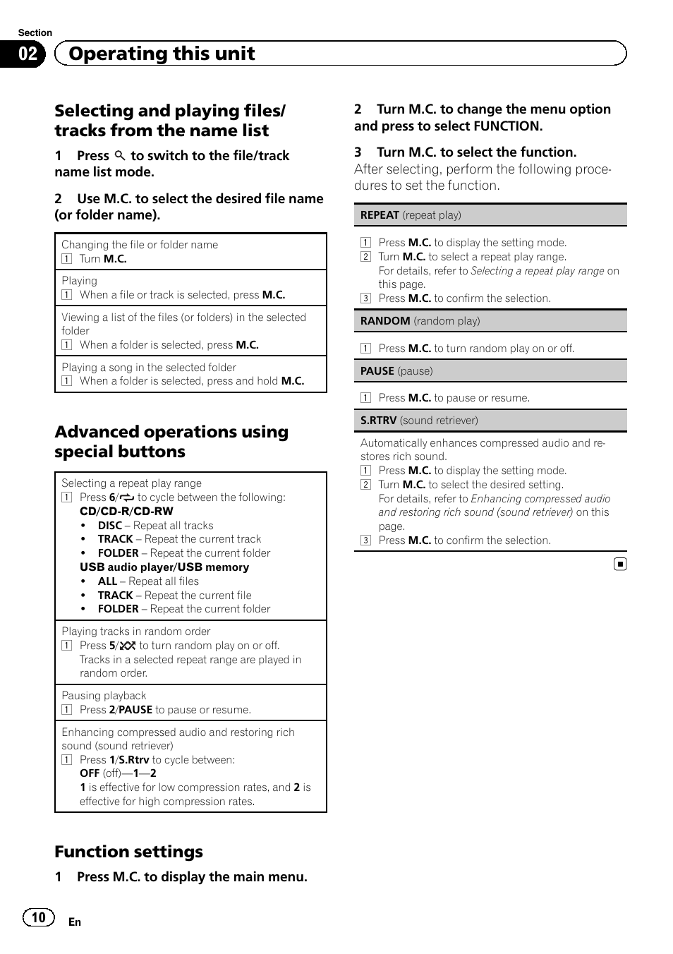 02 operating this unit, Advanced operations using special buttons, Function settings | Pioneer DEH-7300BT User Manual | Page 10 / 28