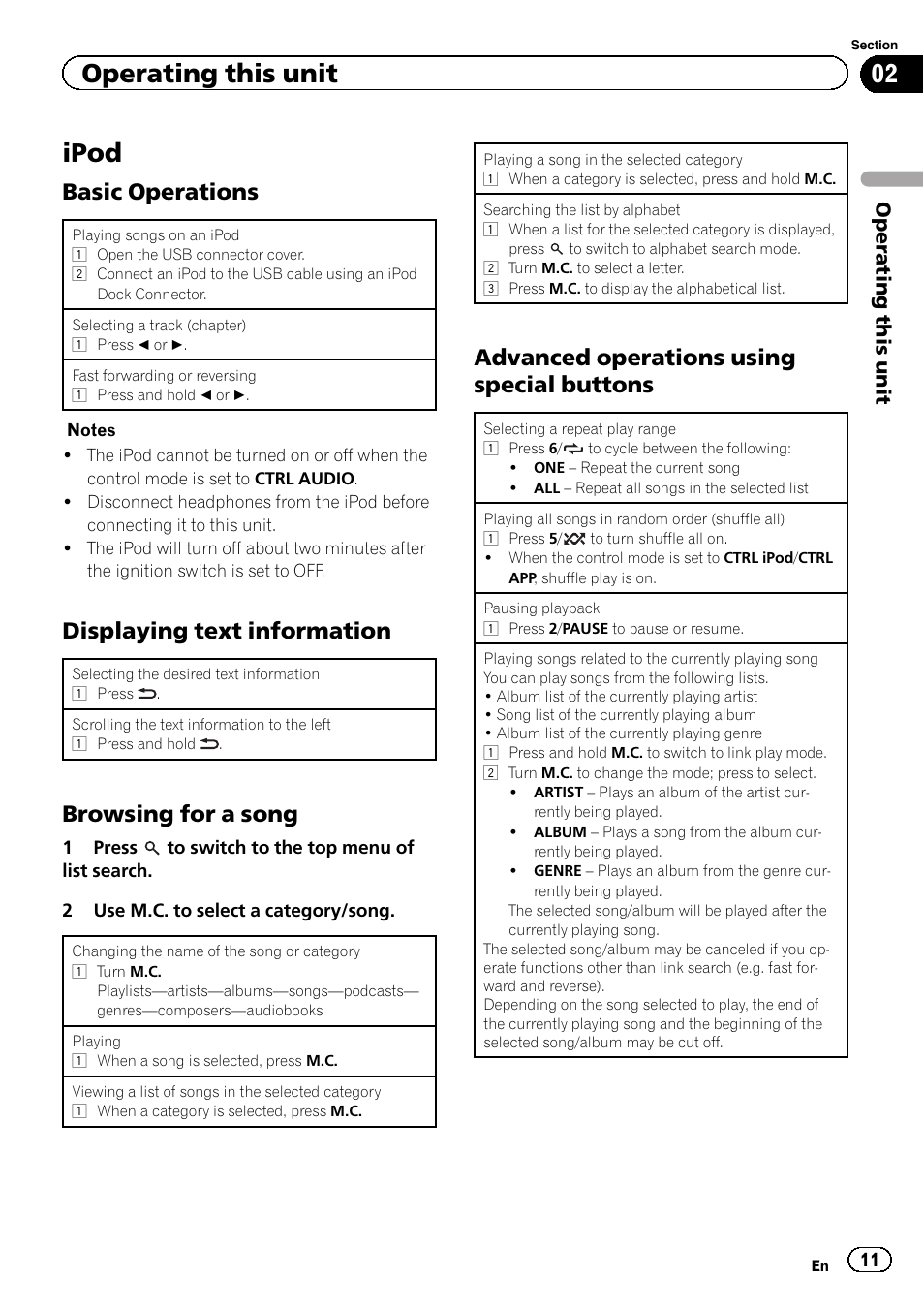 Ipod, Basic operations, Displaying text information | Browsing for a song, Advanced operations using special buttons, Operating this unit | Pioneer DEH-7300BT User Manual | Page 11 / 28