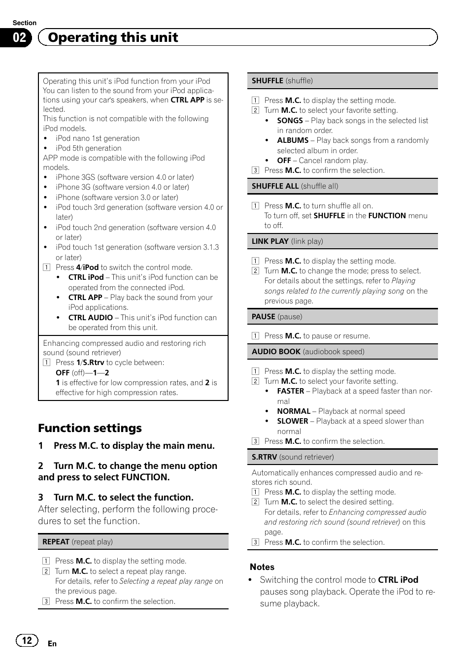 02 operating this unit, Function settings | Pioneer DEH-7300BT User Manual | Page 12 / 28