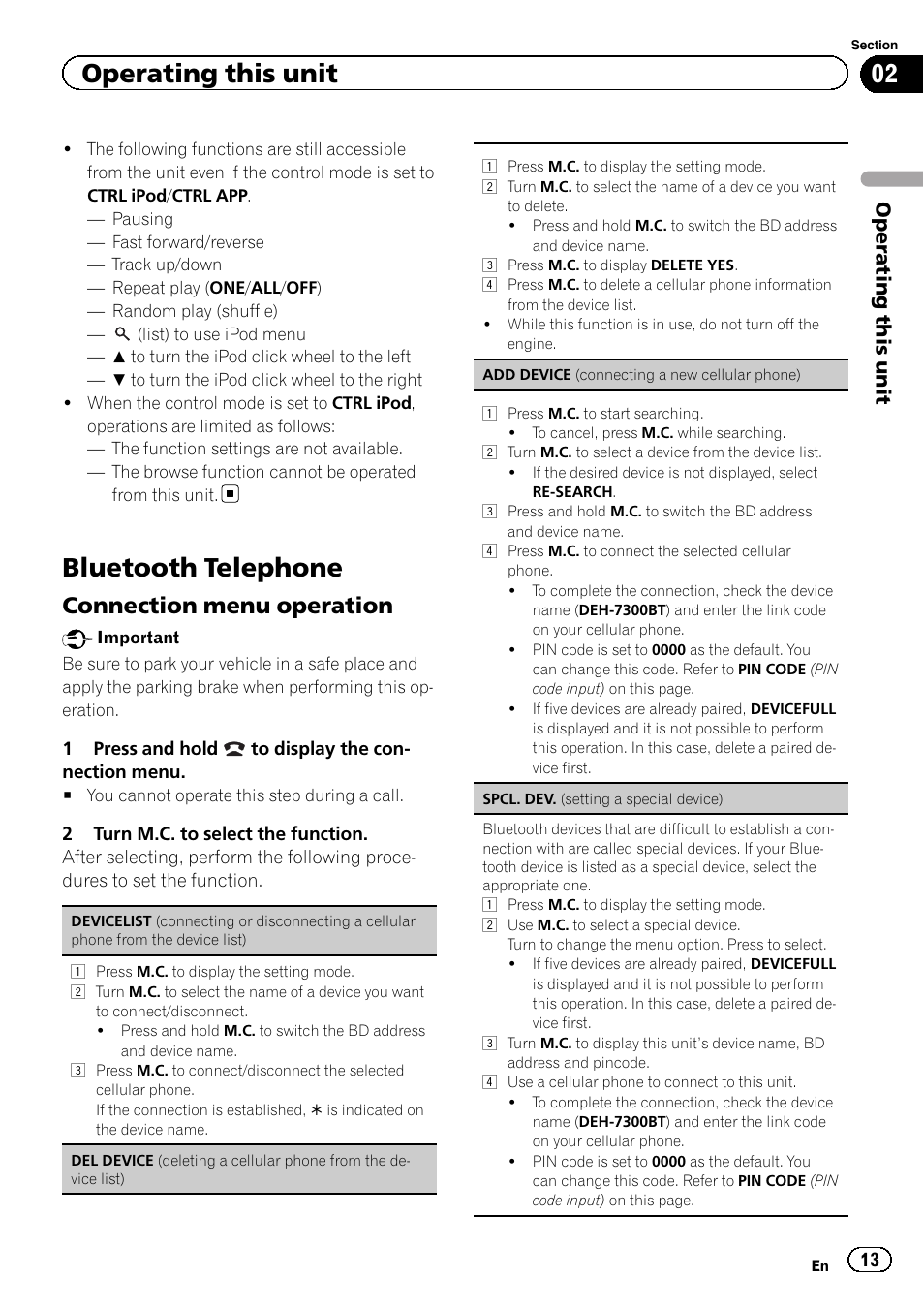 Bluetooth telephone, Connection menu operation, Operating this unit | Pioneer DEH-7300BT User Manual | Page 13 / 28