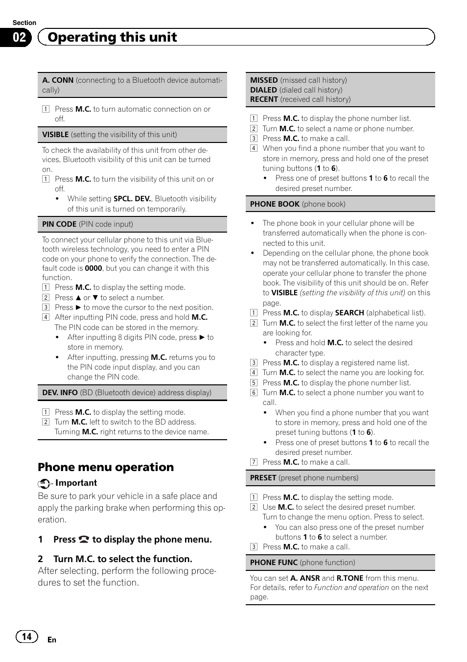 Pin code (pin, 02 operating this unit, Phone menu operation | Pioneer DEH-7300BT User Manual | Page 14 / 28