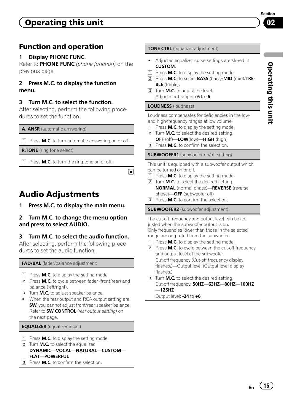 Audio adjustments, Function and operation, Operating this unit | Pioneer DEH-7300BT User Manual | Page 15 / 28