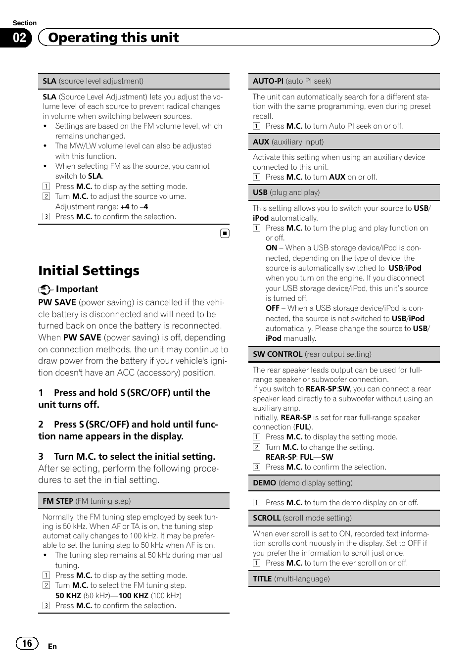 Sw control (rear output setting) on, Initial settings, 02 operating this unit | Pioneer DEH-7300BT User Manual | Page 16 / 28